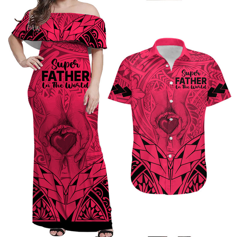 Matching Couple Outfit Polynesian Father's Day Gift For Dad Combo Off Long Dress and Hawaiian Shirt Super Father In The World - Pink Polynesian Pattern LT9 - Wonder Print Shop