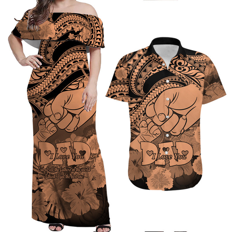 Matching Couple Outfit Polyneisian Pride Happy Father Day Combo Off Long Dress and Hawaiian Shirt I Love You Dad - Polynesian Tribal Nude LT9 - Wonder Print Shop