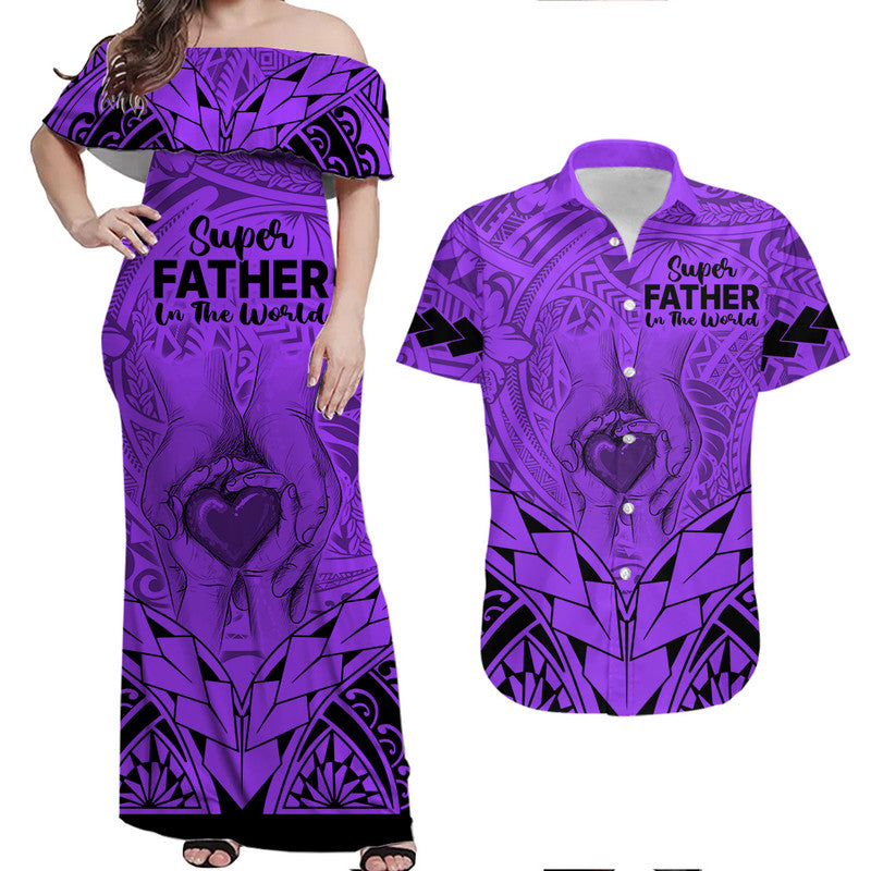 Matching Couple Outfit Polynesian Father's Day Gift For Dad Combo Off Long Dress and Hawaiian Shirt Super Father In The World - Purple Polynesian Pattern LT9 - Wonder Print Shop