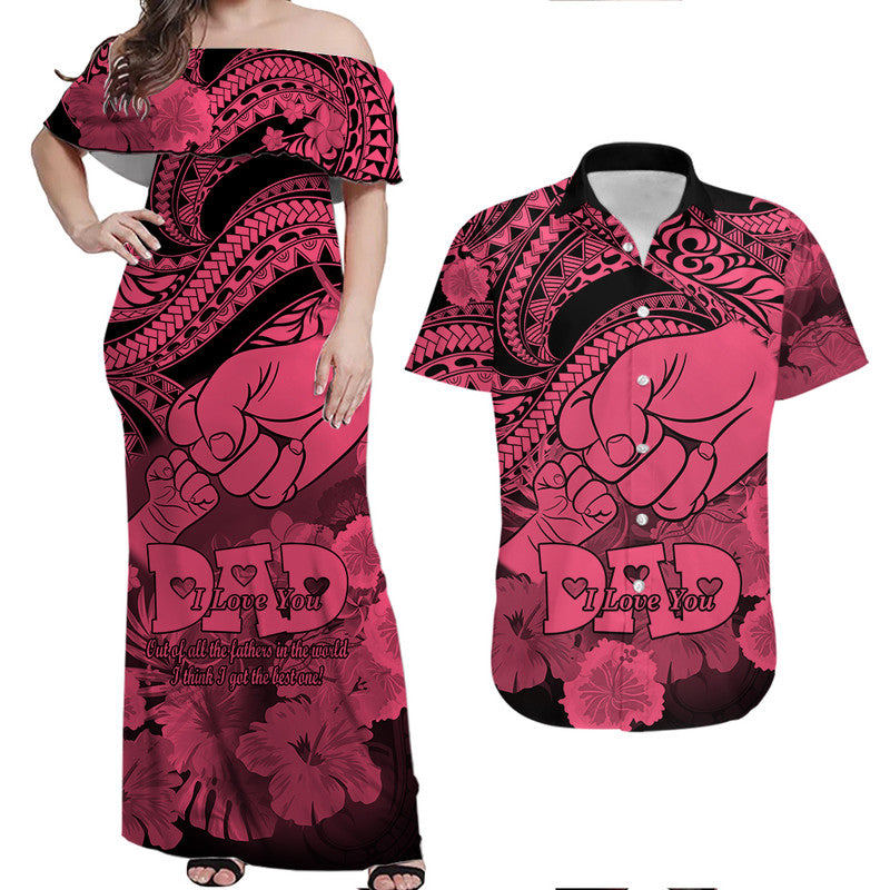 Matching Couple Outfit Polyneisian Pride Happy Father Day Combo Off Long Dress and Hawaiian Shirt I Love You Dad - Polynesian Tribal Pink LT9 - Wonder Print Shop