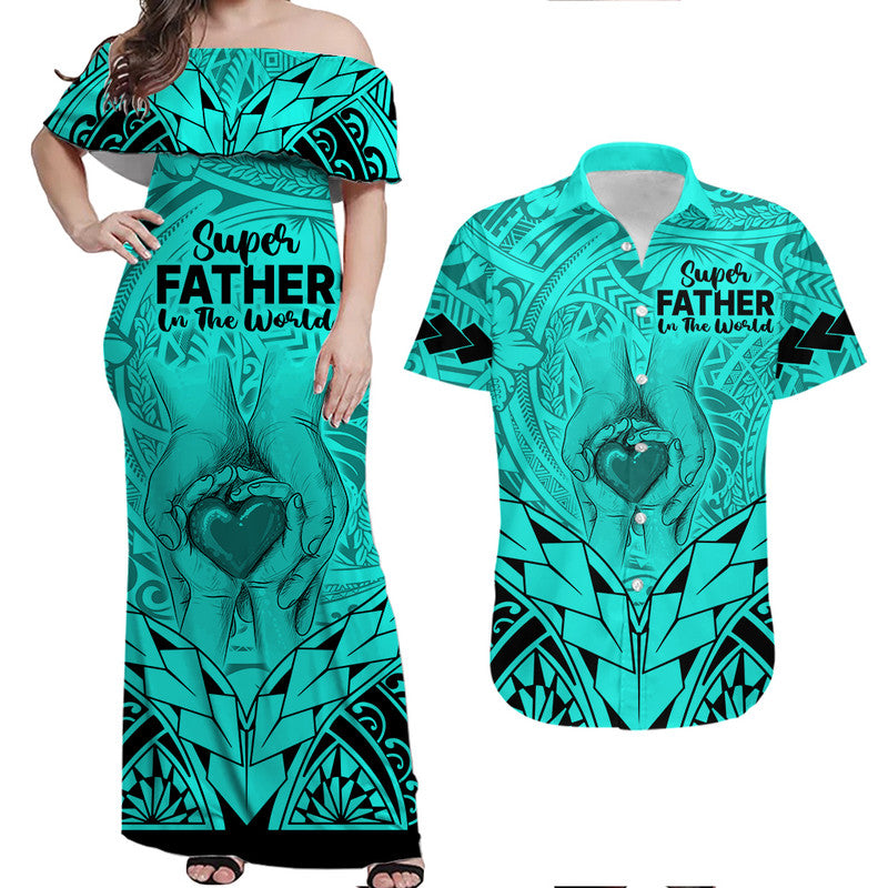Matching Couple Outfit Polynesian Father's Day Gift For Dad Combo Off Long Dress and Hawaiian Shirt Super Father In The World - Turquoise Polynesian Pattern LT9 - Wonder Print Shop