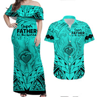 Matching Couple Outfit Polynesian Father's Day Gift For Dad Combo Off Long Dress and Hawaiian Shirt Super Father In The World - Turquoise Polynesian Pattern LT9 - Wonder Print Shop