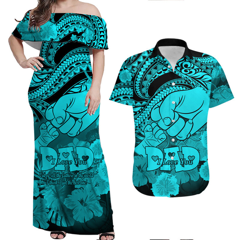 Matching Couple Outfit Polyneisian Pride Happy Father Day Combo Off Long Dress and Hawaiian Shirt I Love You Dad - Polynesian Tribal Aqua LT9 - Wonder Print Shop