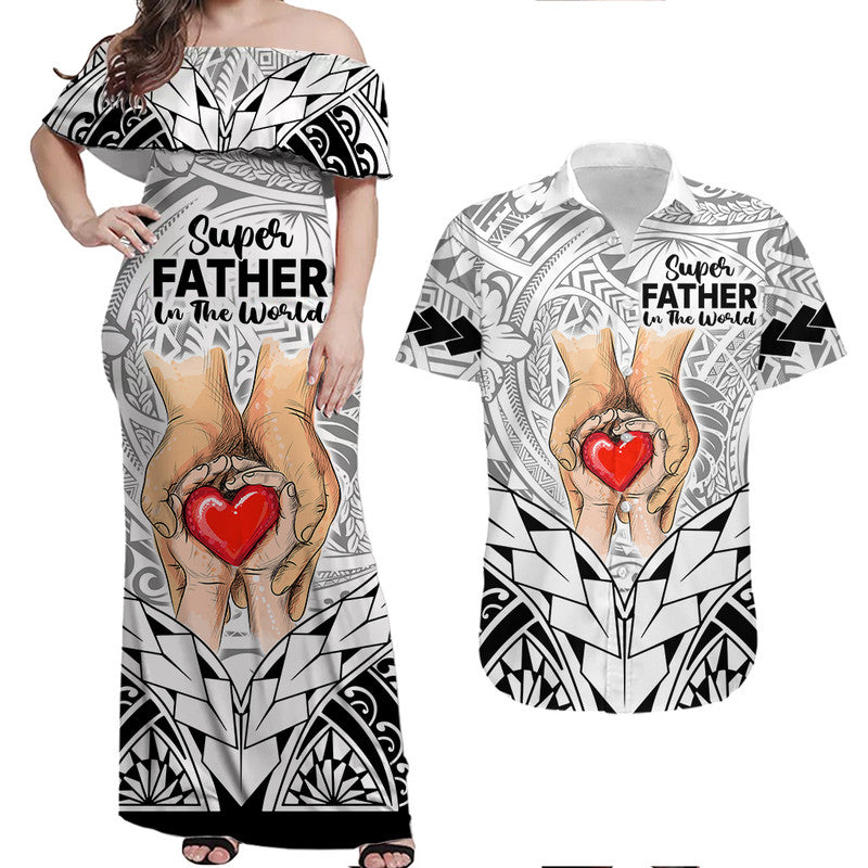 Matching Couple Outfit Polynesian Father's Day Gift For Dad Combo Off Long Dress and Hawaiian Shirt Super Father In The World - Black Polynesian Pattern LT9 - Wonder Print Shop