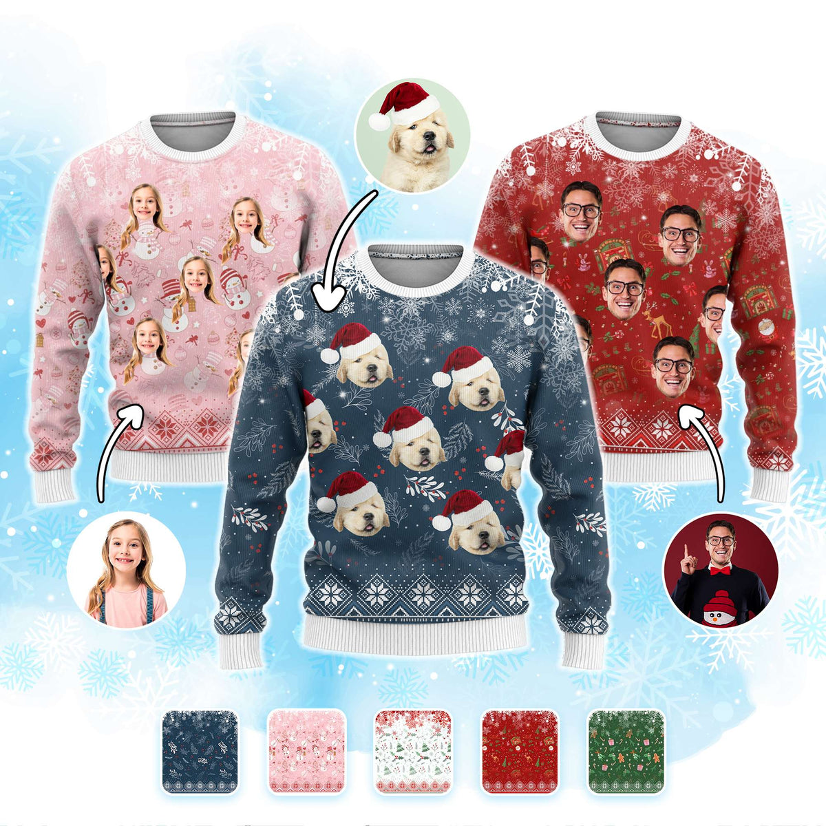 Collection of customizable Christmas sweaters with face options on a snowy background