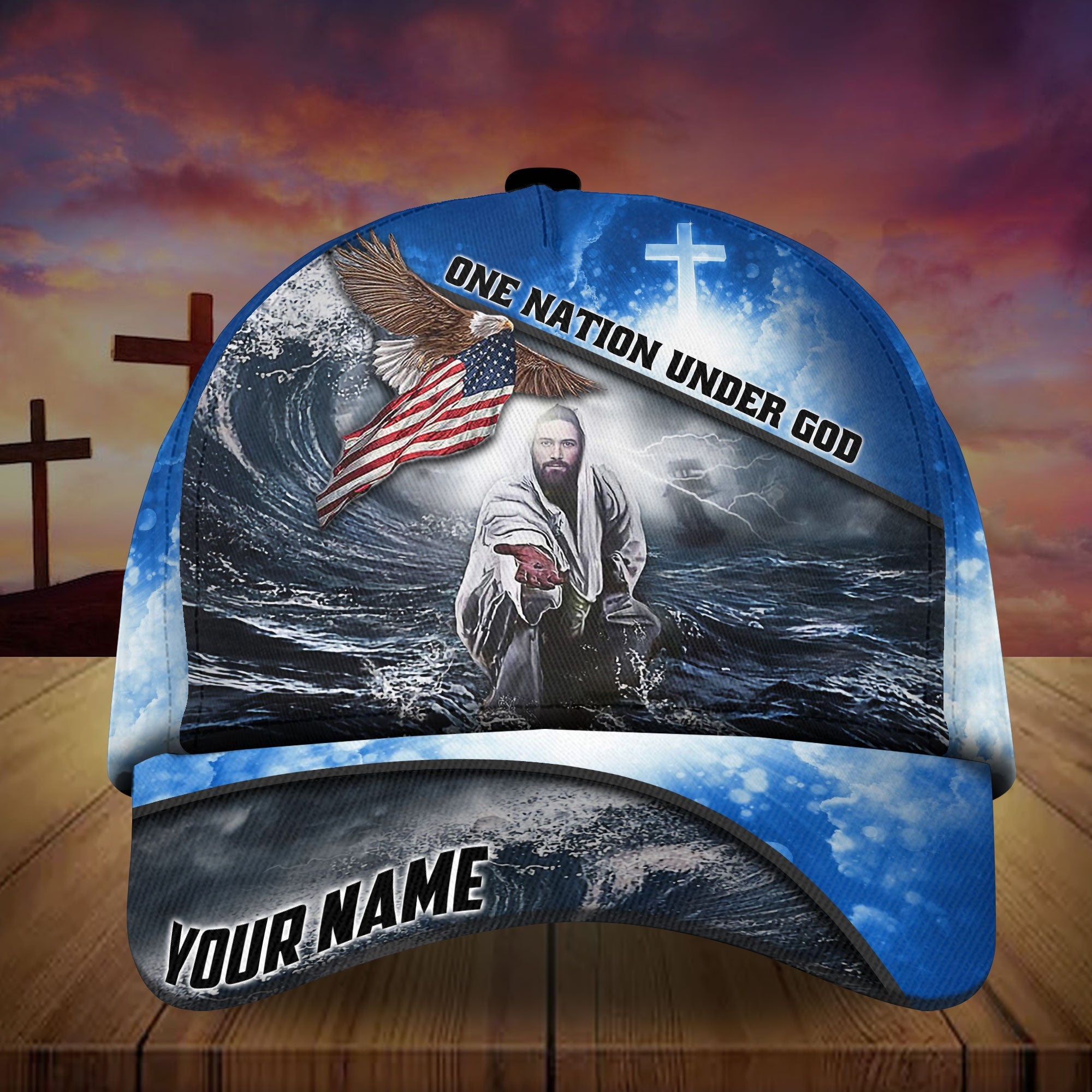 Premium One Nation Under God, America Eagle 3D Blue Hats Personalized