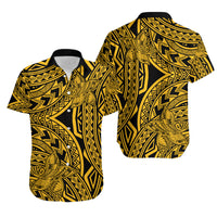 Matching Outfits For Couples Polynesia Combo Dress and Hawaiian Shirt Tattoo Plumeria Gold - Wonder Print Shop
