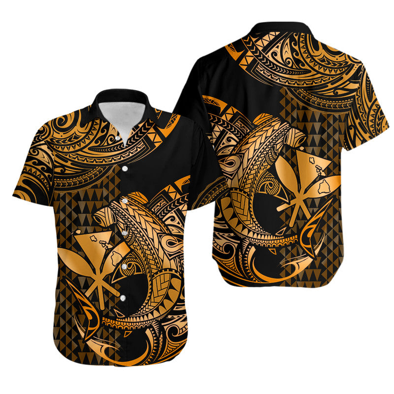Matching Outfits For Couples Hawaii Hammerhead Shark Combo Dress And Hawaiian Shirt Polynesian Kakau With Kanaka Gold - Wonder Print Shop