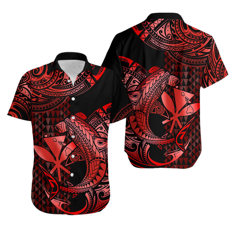 Hawaii Hammerhead Shark Hawaiian Shirt Polynesian Kakau With Kanaka Red - Wonder Print Shop