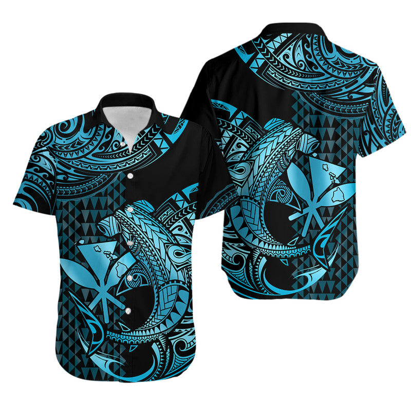 Matching Outfits For Couples Hawaii Hammerhead Shark Combo Dress And Hawaiian Shirt Polynesian Kakau With Kanaka Turquoise - Wonder Print Shop