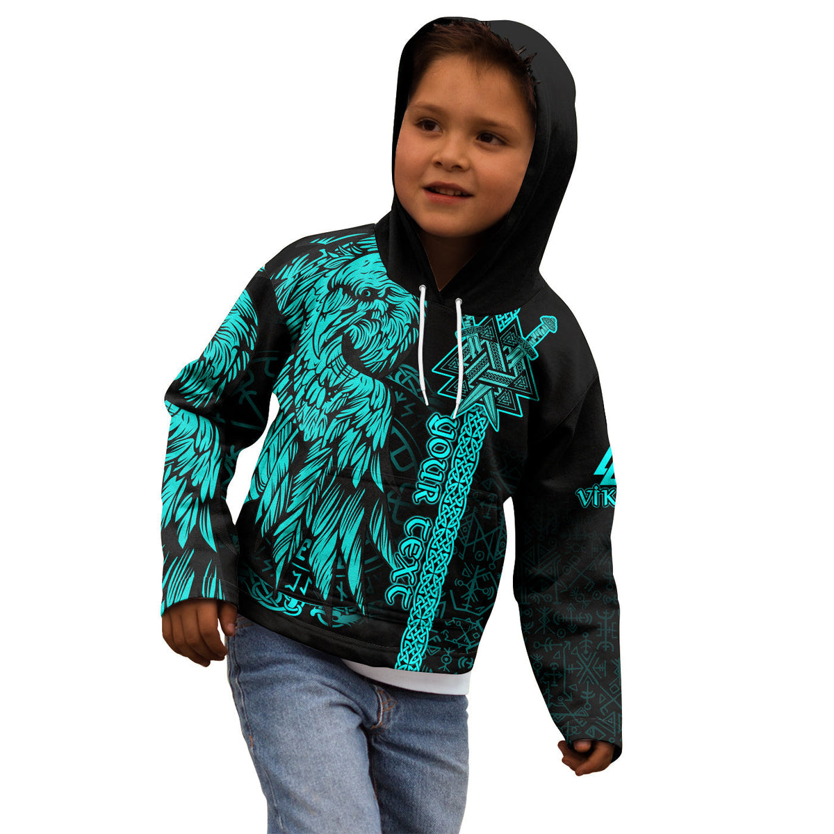 custom-viking-hoodie-kid-valknut-raven-symbol-celtic-vegvisir-cyan-color