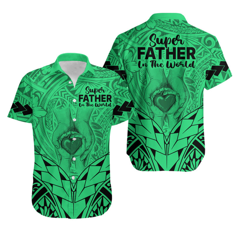 Matching Couple Outfit Polynesian Father's Day Gift For Dad Combo Off Long Dress and Hawaiian Shirt Super Father In The World - Green Polynesian Pattern LT9 - Wonder Print Shop