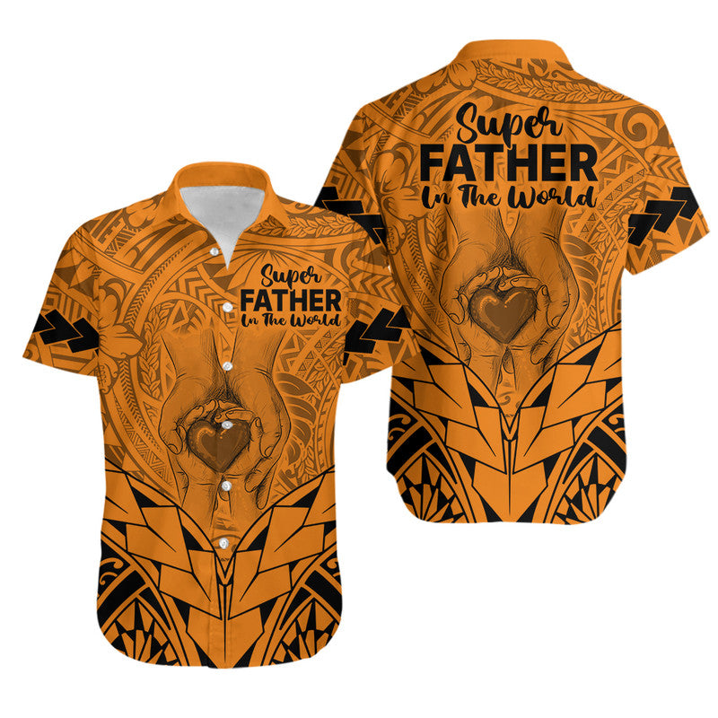 Matching Couple Outfit Polynesian Father's Day Gift For Dad Combo Off Long Dress and Hawaiian Shirt Super Father In The World - Gold Polynesian Pattern LT9 - Wonder Print Shop