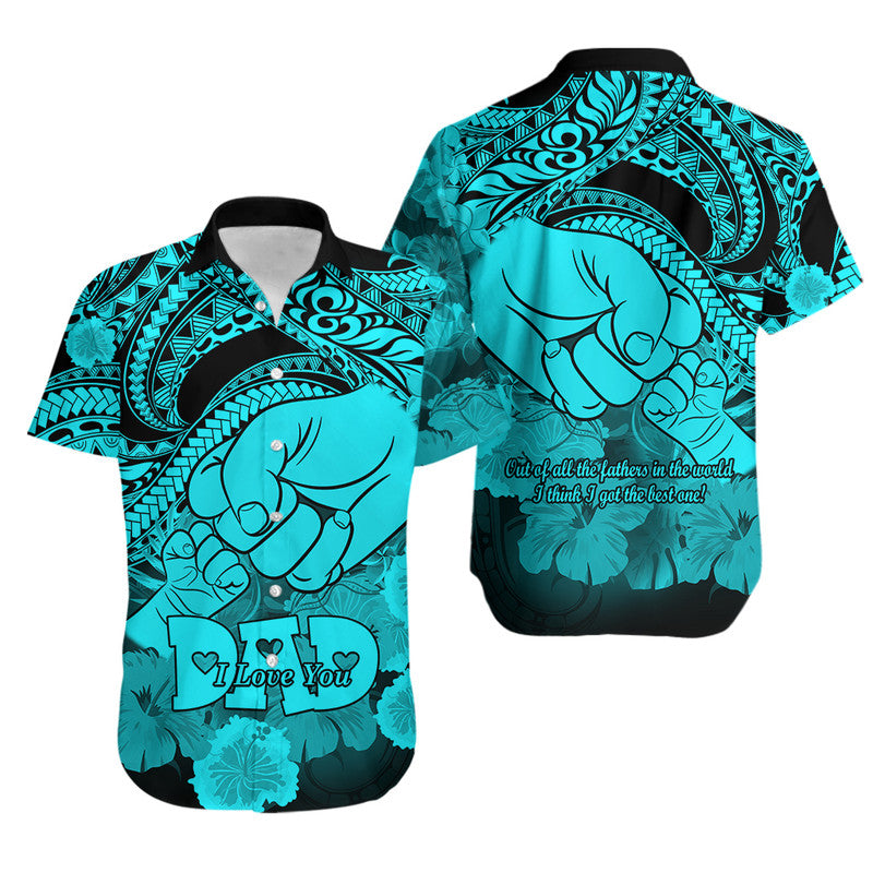 Matching Couple Outfit Polyneisian Pride Happy Father Day Combo Off Long Dress and Hawaiian Shirt I Love You Dad - Polynesian Tribal Aqua LT9 - Wonder Print Shop