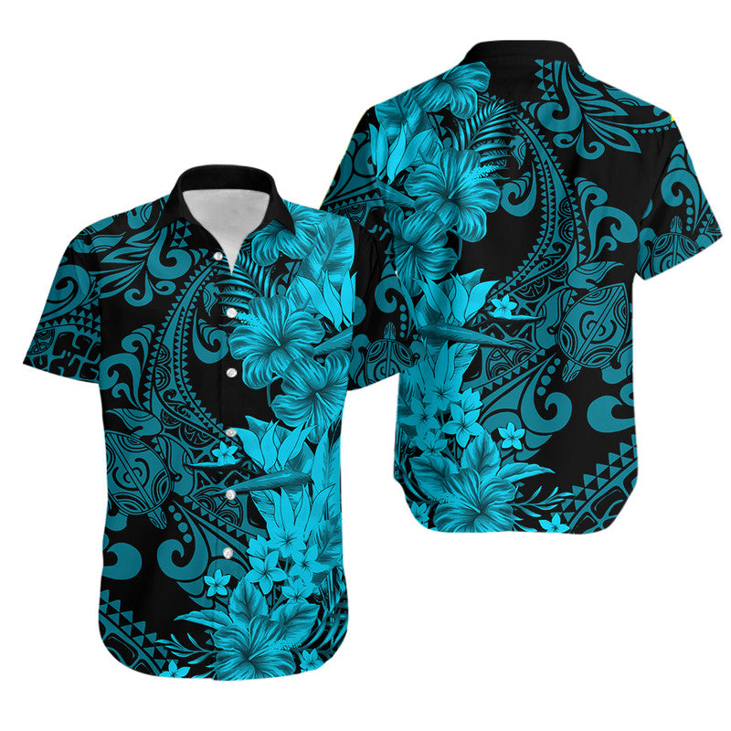 Hawaii Couple Outfits Hawaii Flowers Mix Tribal Pattern Matching Dress and Hawaiian Shirt Blue LT6 - Wonder Print Shop