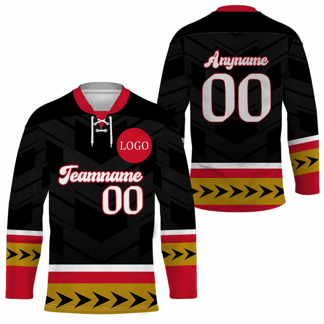 Custom Black Gold Hockey Jersey with Personalized Logo and Text Front and Back - Wonder Print Shop