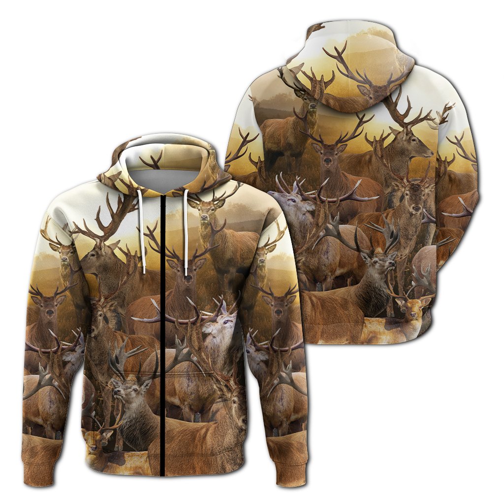 Deer graphic pullover hoodie in cream with front kangaroo pocket and drawstring hood