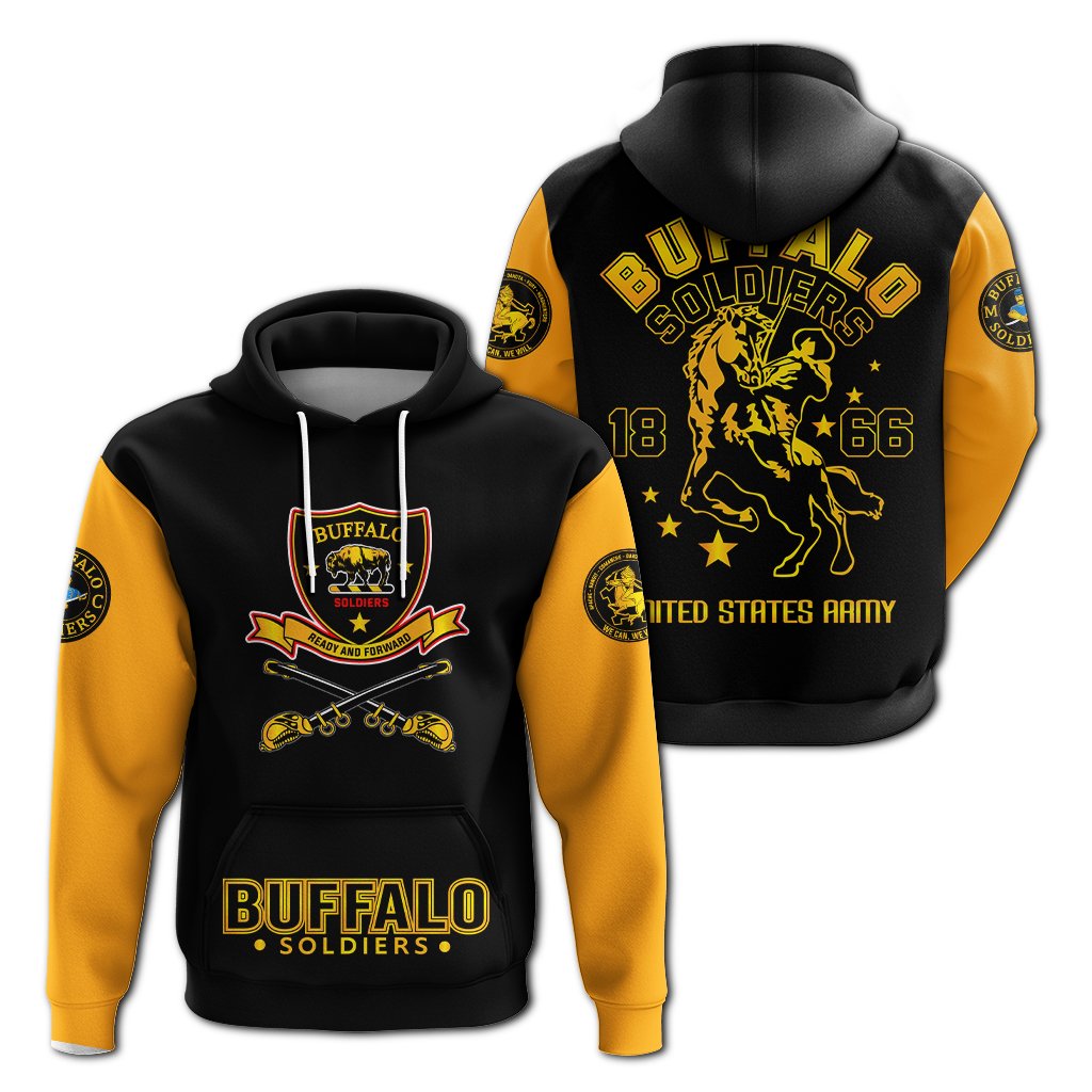 Pair of black-and-yellow hoodies shown side by side, front logo and back lion emblem