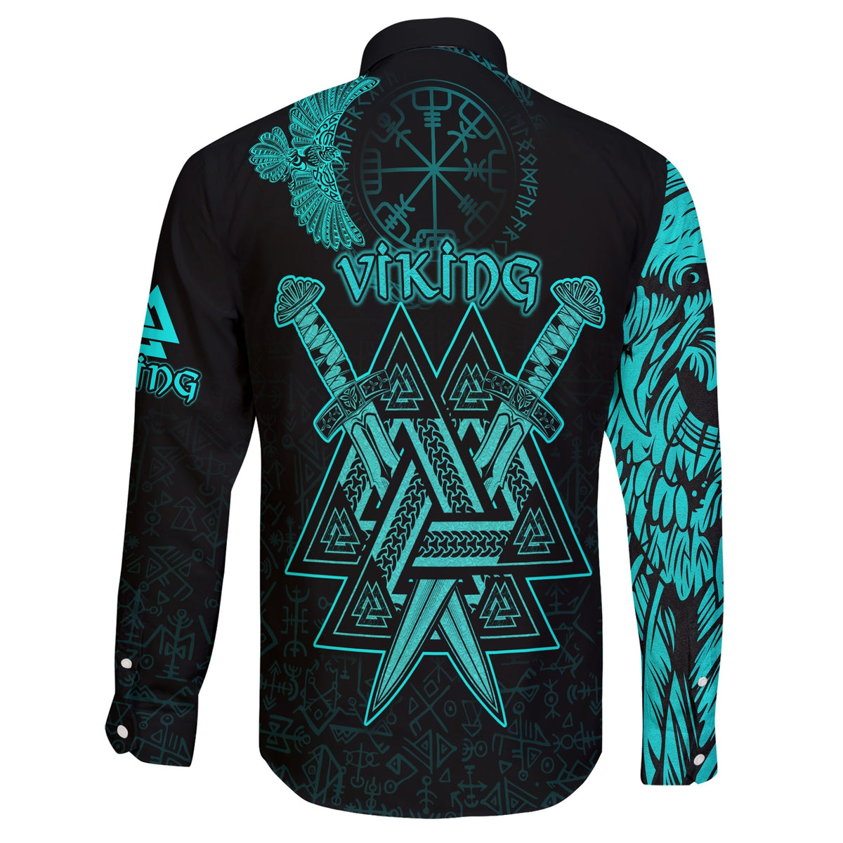 custom-viking-long-sleeve-button-shirt-valknut-raven-symbol-celtic-vegvisir-cyan-color