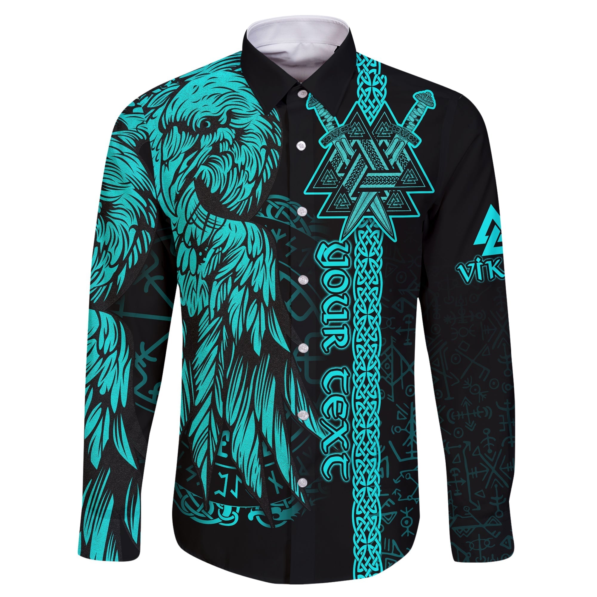 custom-viking-long-sleeve-button-shirt-valknut-raven-symbol-celtic-vegvisir-cyan-color