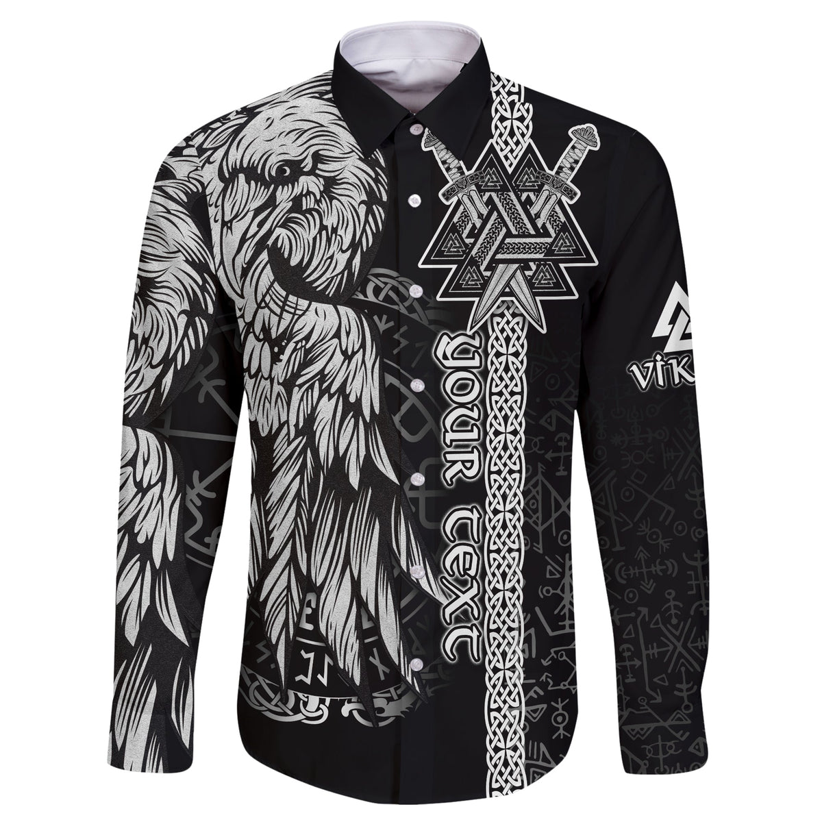 custom-viking-long-sleeve-button-shirt-valknut-raven-symbol-celtic-vegvisir-black-color