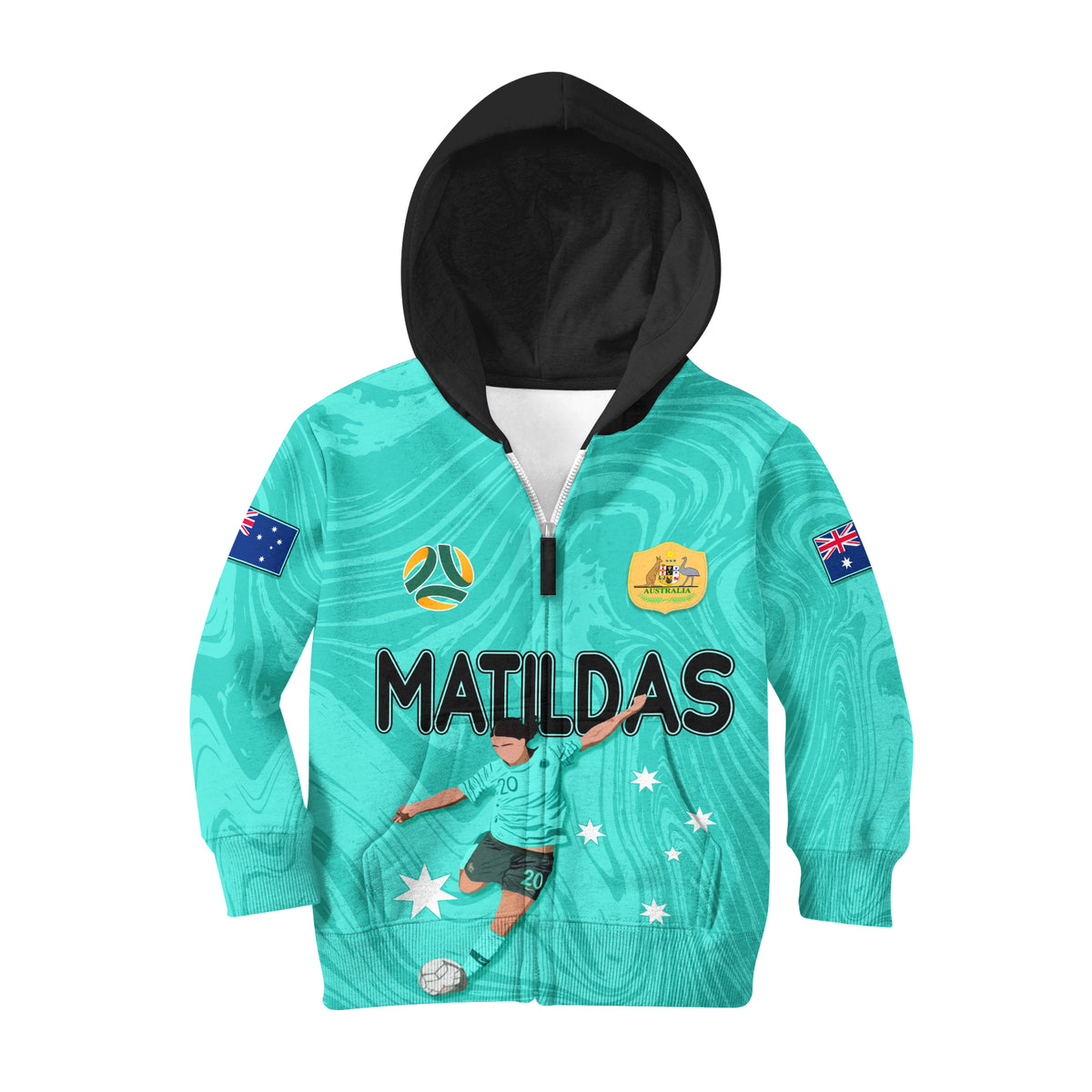 Personalised Aussie Matildas Hoodie 2024 Sam Kerr World Cup Marble Patterns - Turquoise - Wonder Print Shop