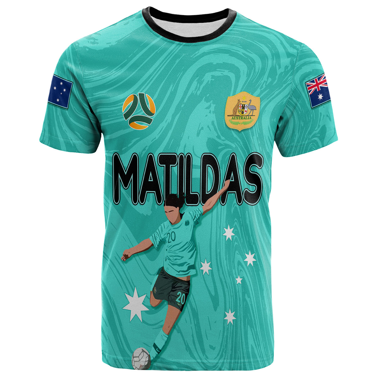 Personalised Aussie Matildas T shirt 2024 Sam Kerr World Cup Marble Patterns - Turquoise - Wonder Print Shop