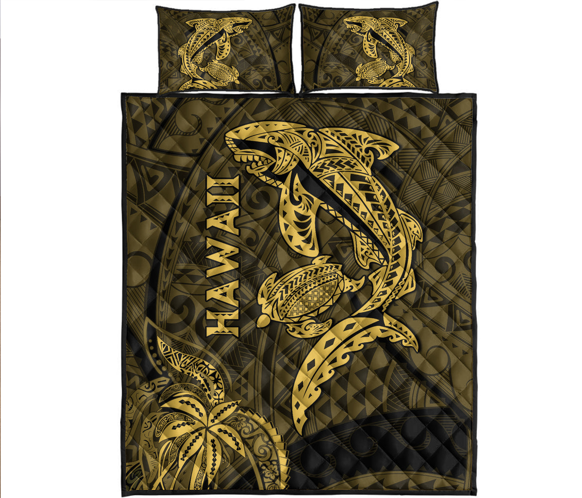 Hawaii Shark and Turtle Quilt Bed Set With Gold Kakau - Wonder Print Shop
