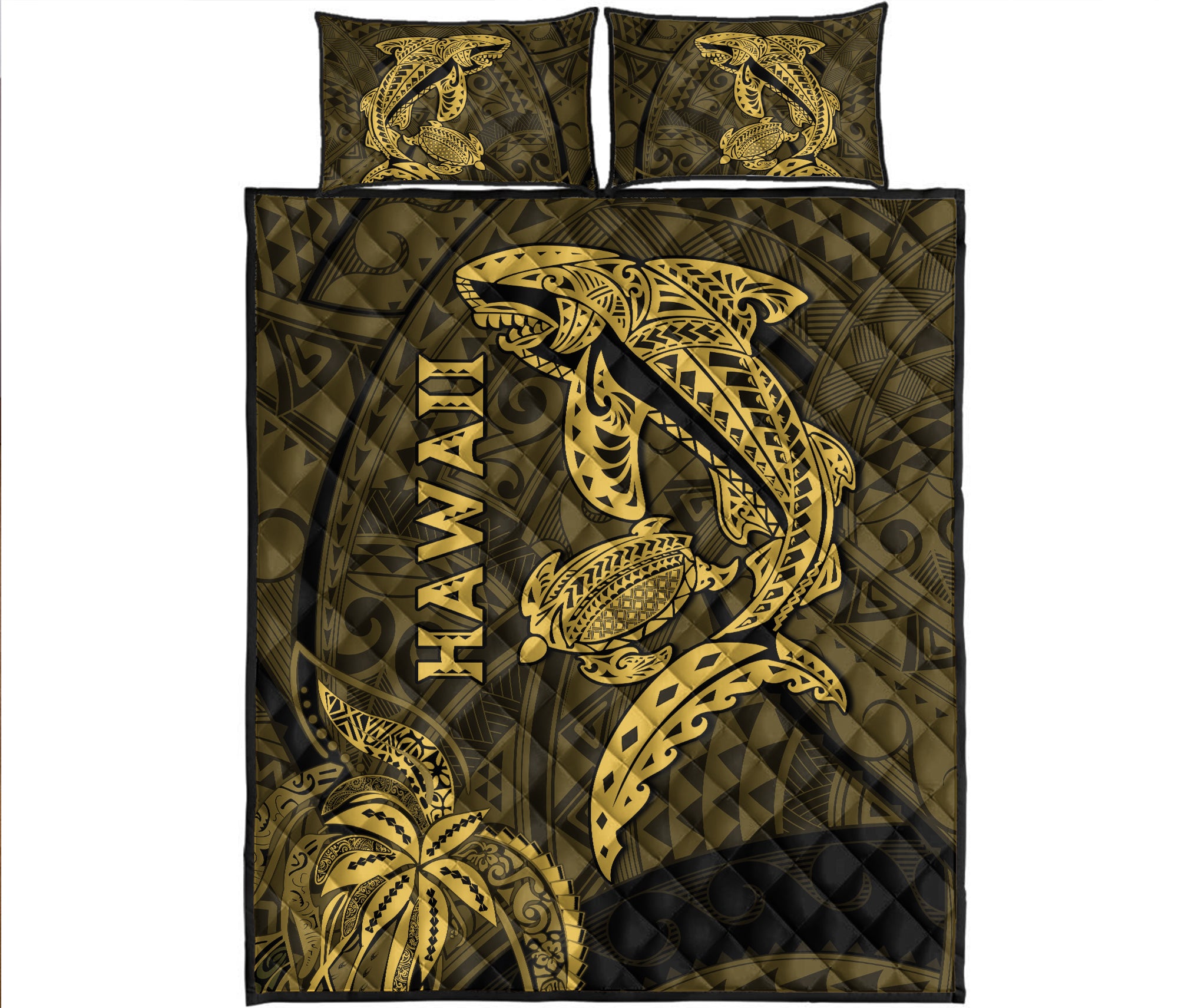 Hawaii Shark and Turtle Quilt Bed Set With Gold Kakau - Wonder Print Shop