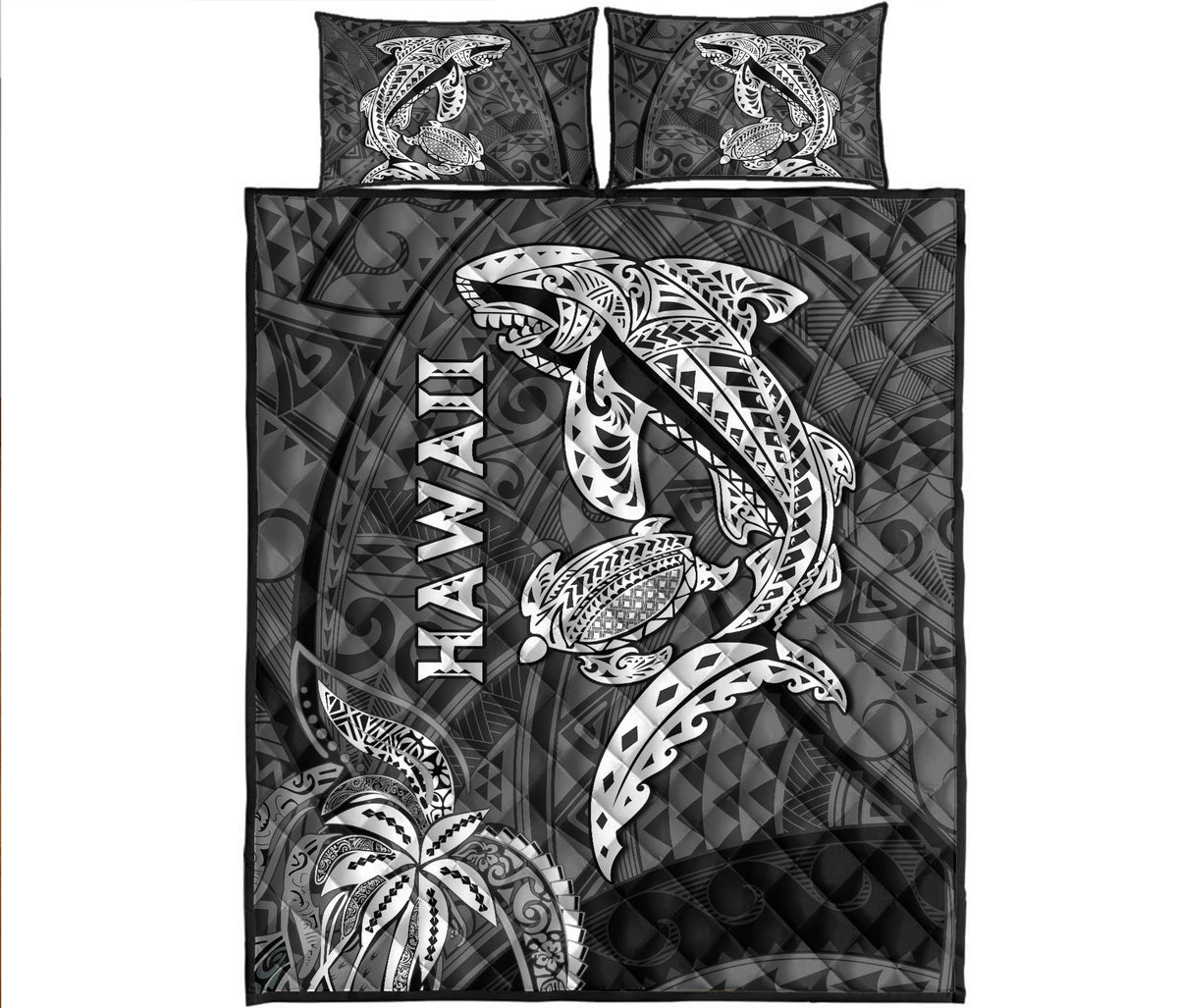 Hawaii Shark and Turtle Quilt Bed Set With Black Kakau - Wonder Print Shop