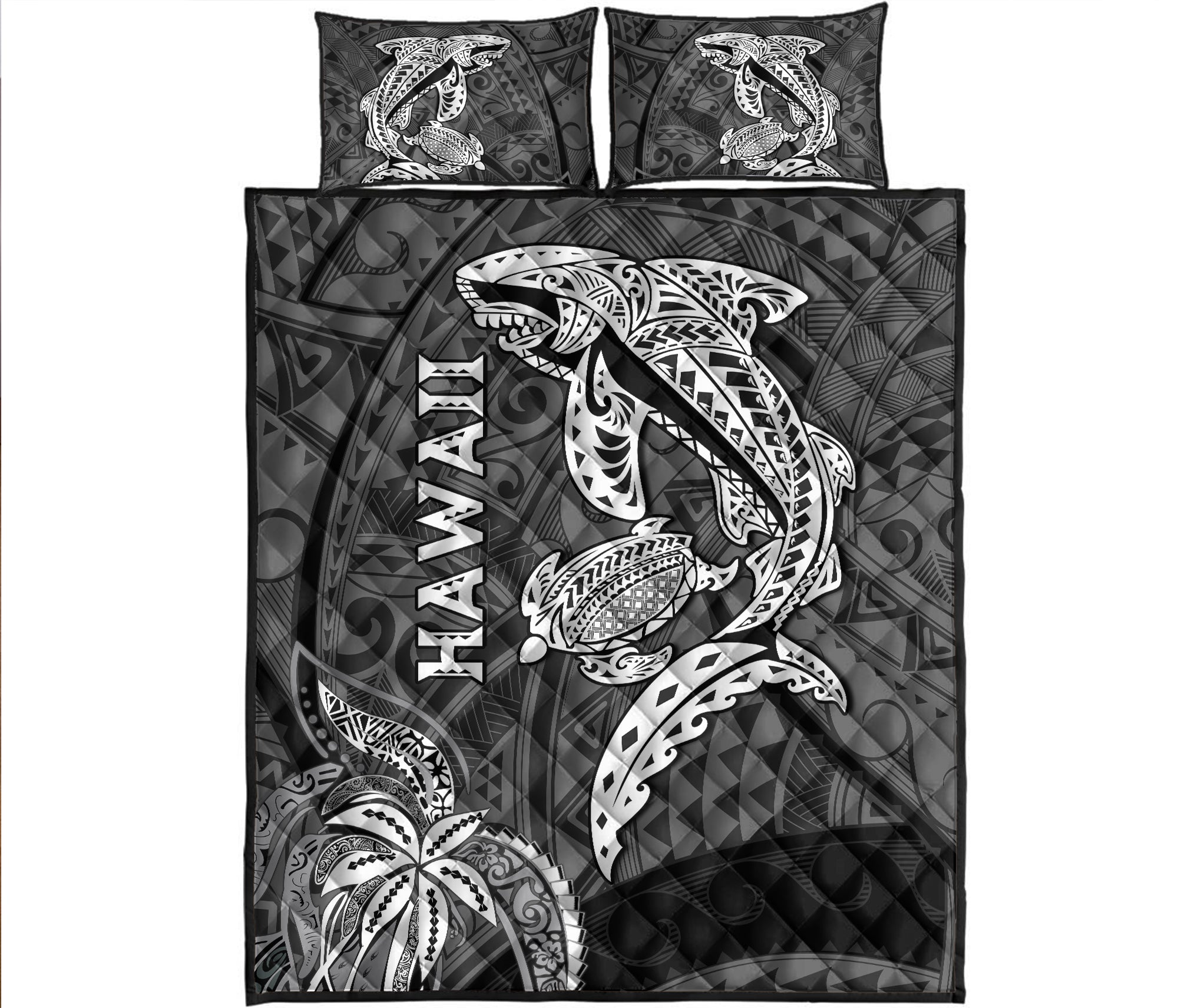 Hawaii Shark and Turtle Quilt Bed Set With Black Kakau - Wonder Print Shop