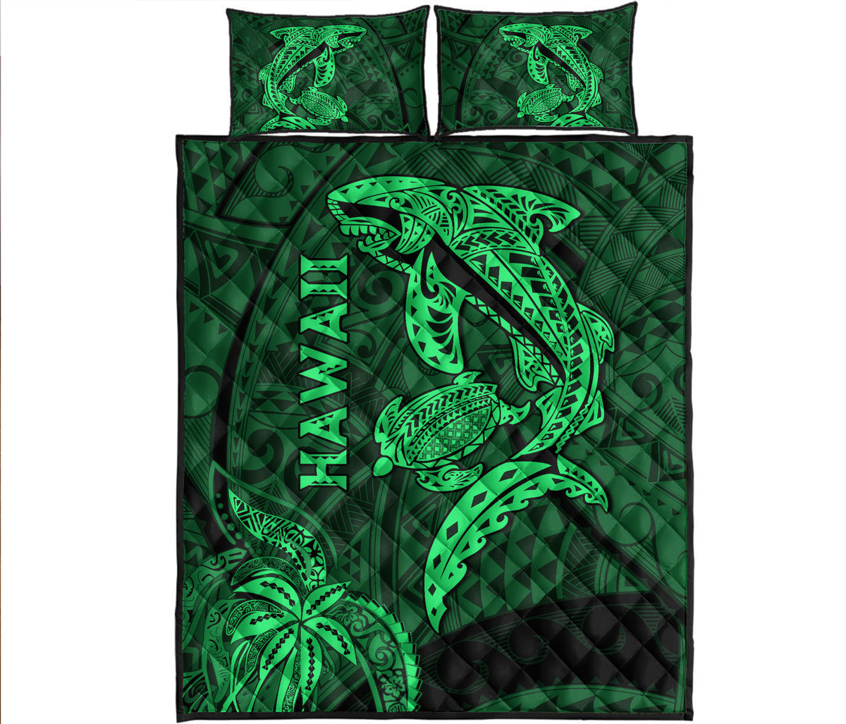 Hawaii Shark and Turtle Quilt With Green Kakau - Wonder Print Shop