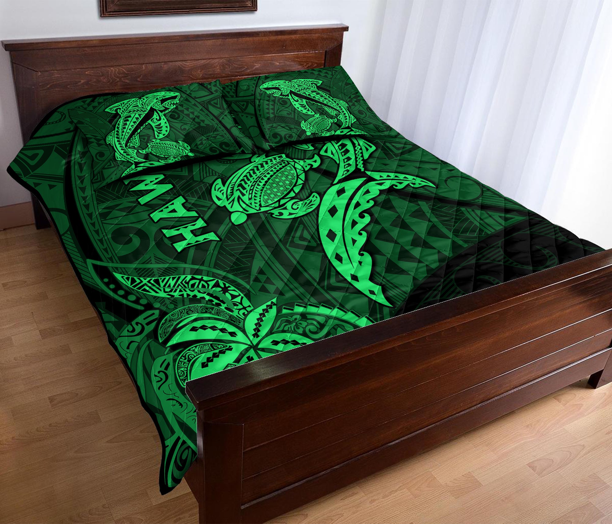 Hawaii Shark and Turtle Quilt Bed Set With Green Kakau - Wonder Print Shop