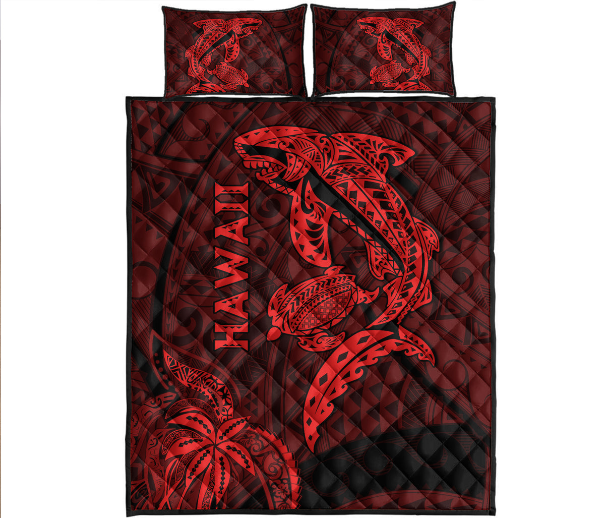 Hawaii Shark and Turtle Quilt Bed Set With Red Kakau - Wonder Print Shop