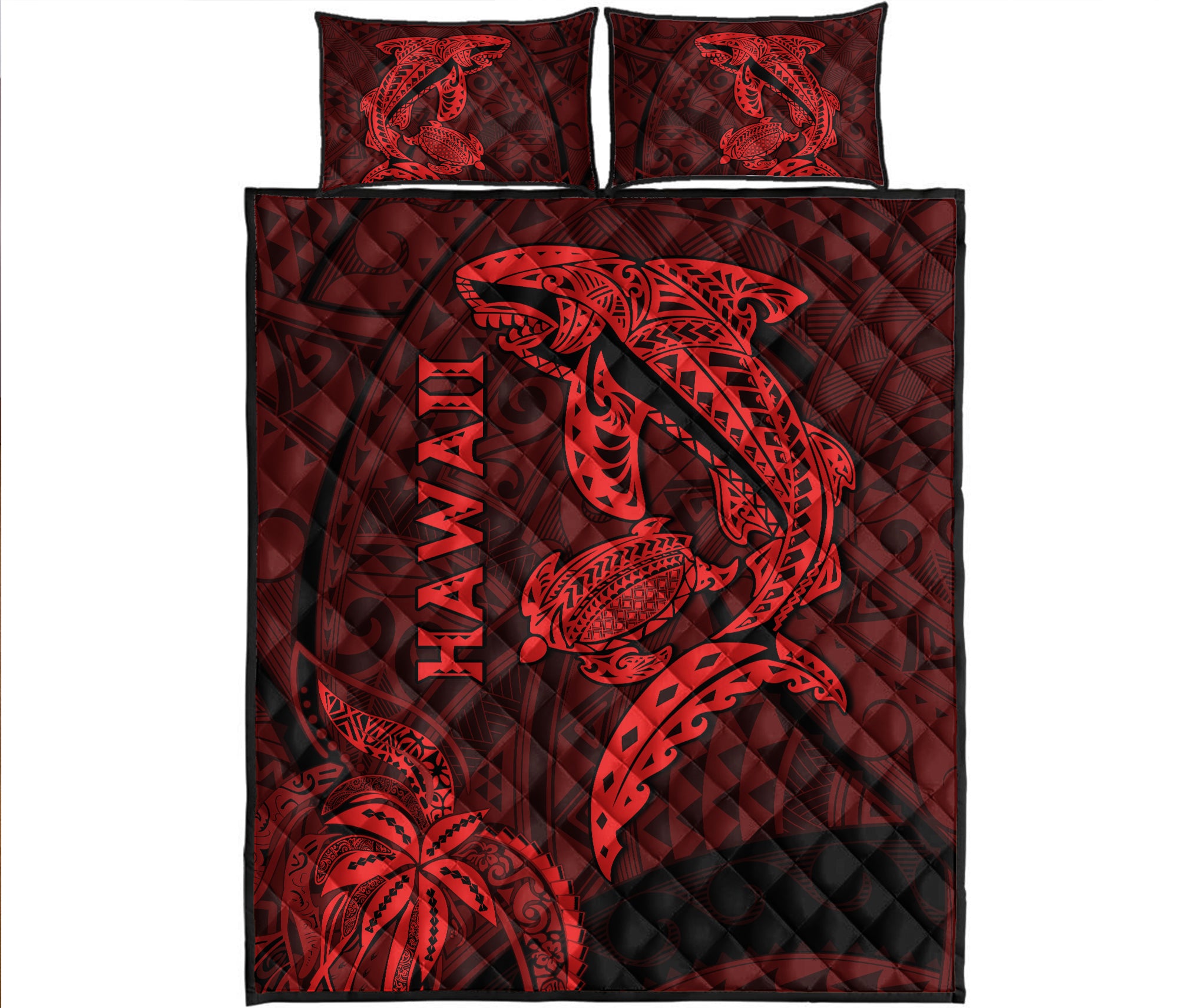 Hawaii Shark and Turtle Quilt Bed Set With Red Kakau - Wonder Print Shop