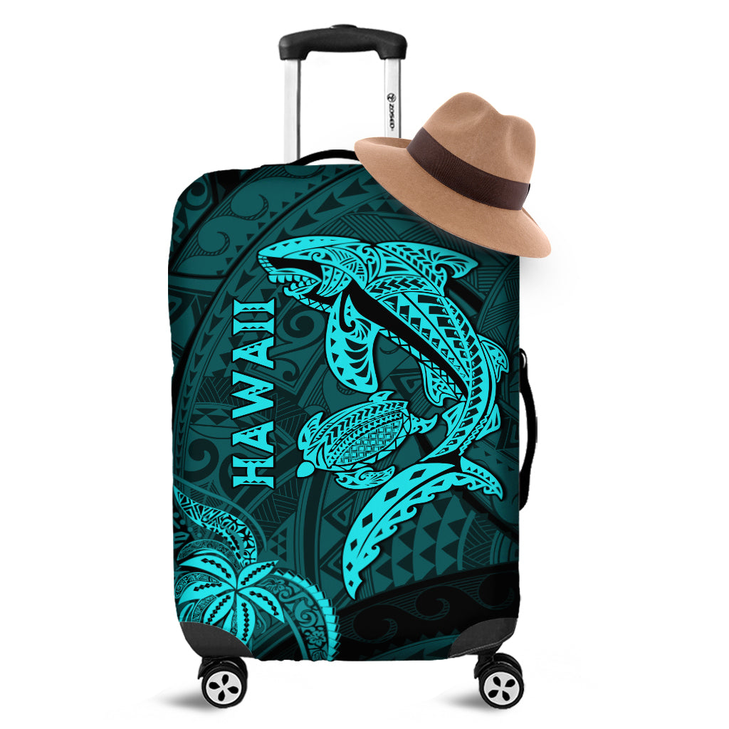 Hawaii Shark and Turtle Luggage Cover With Turquoise Kakau - Wonder Print Shop