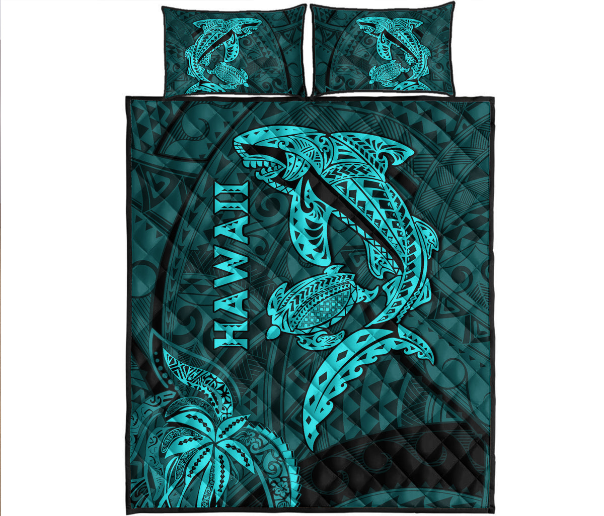 Hawaii Shark and Turtle Quilt Bed Set With Turquoise Kakau - Wonder Print Shop