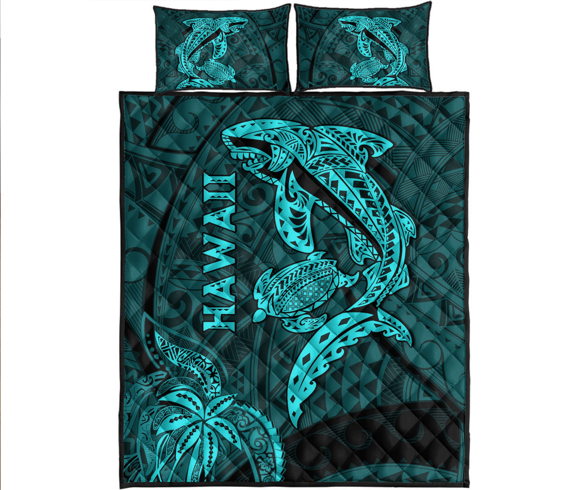 Hawaii Shark and Turtle Quilt Bed Set With Turquoise Kakau - Wonder Print Shop