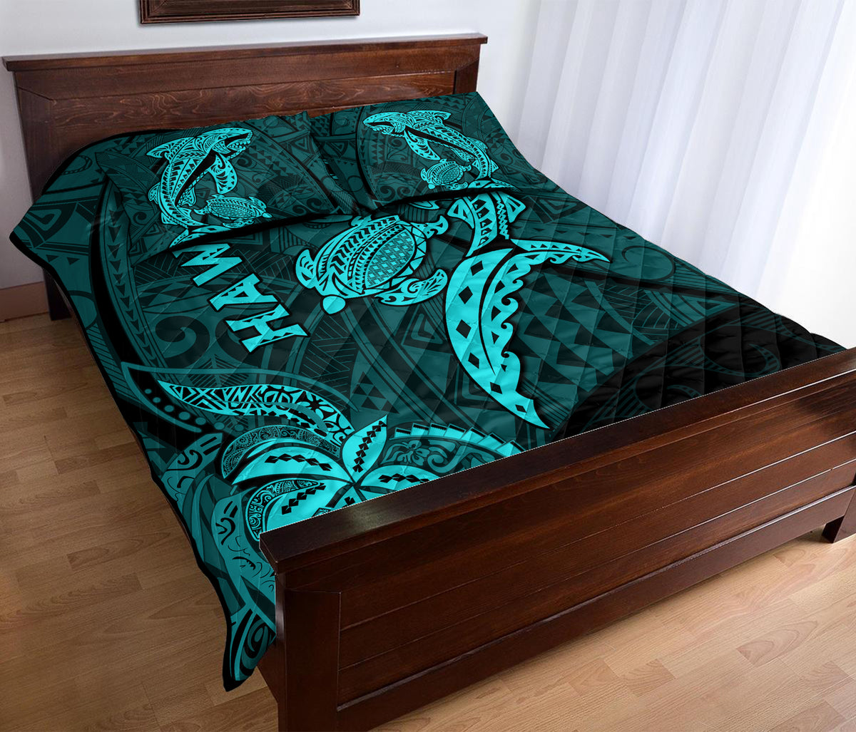 Hawaii Shark and Turtle Quilt Bed Set With Turquoise Kakau - Wonder Print Shop