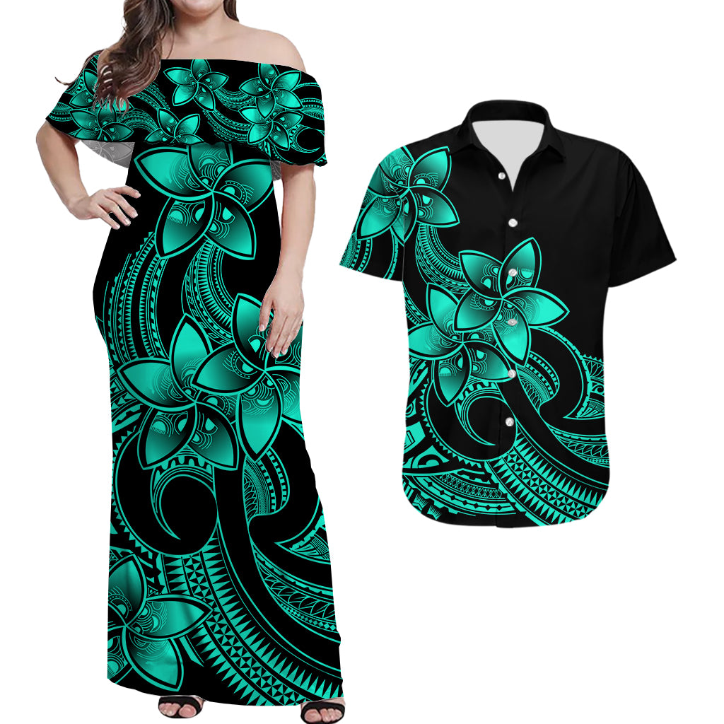 Polynesian Couple Outfits Plumeria Flowers Couples Long Dress and Hawaiian Shirt Polynesian Tribal Aqua Vibe LT9 - Wonder Print Shop