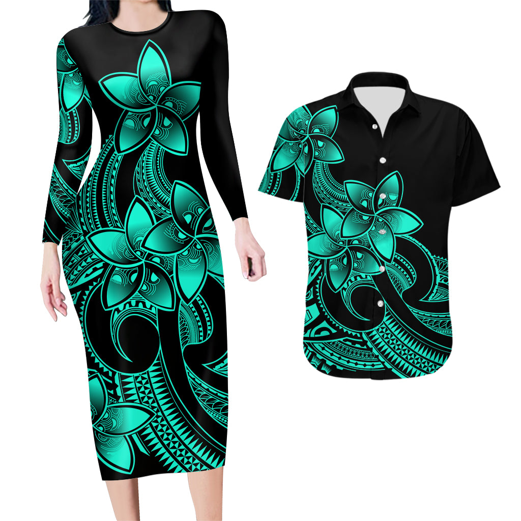 Polynesian Couple Outfits Plumeria Flowers Couples Bodycon Dress Hawaiian Shirt Polynesian Tribal Aqua Vibe LT9 - Wonder Print Shop