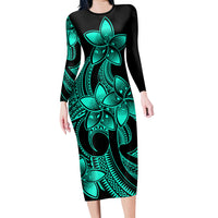 Polynesian Couple Outfits Plumeria Flowers Couples Bodycon Dress Hawaiian Shirt Polynesian Tribal Aqua Vibe LT9 - Wonder Print Shop
