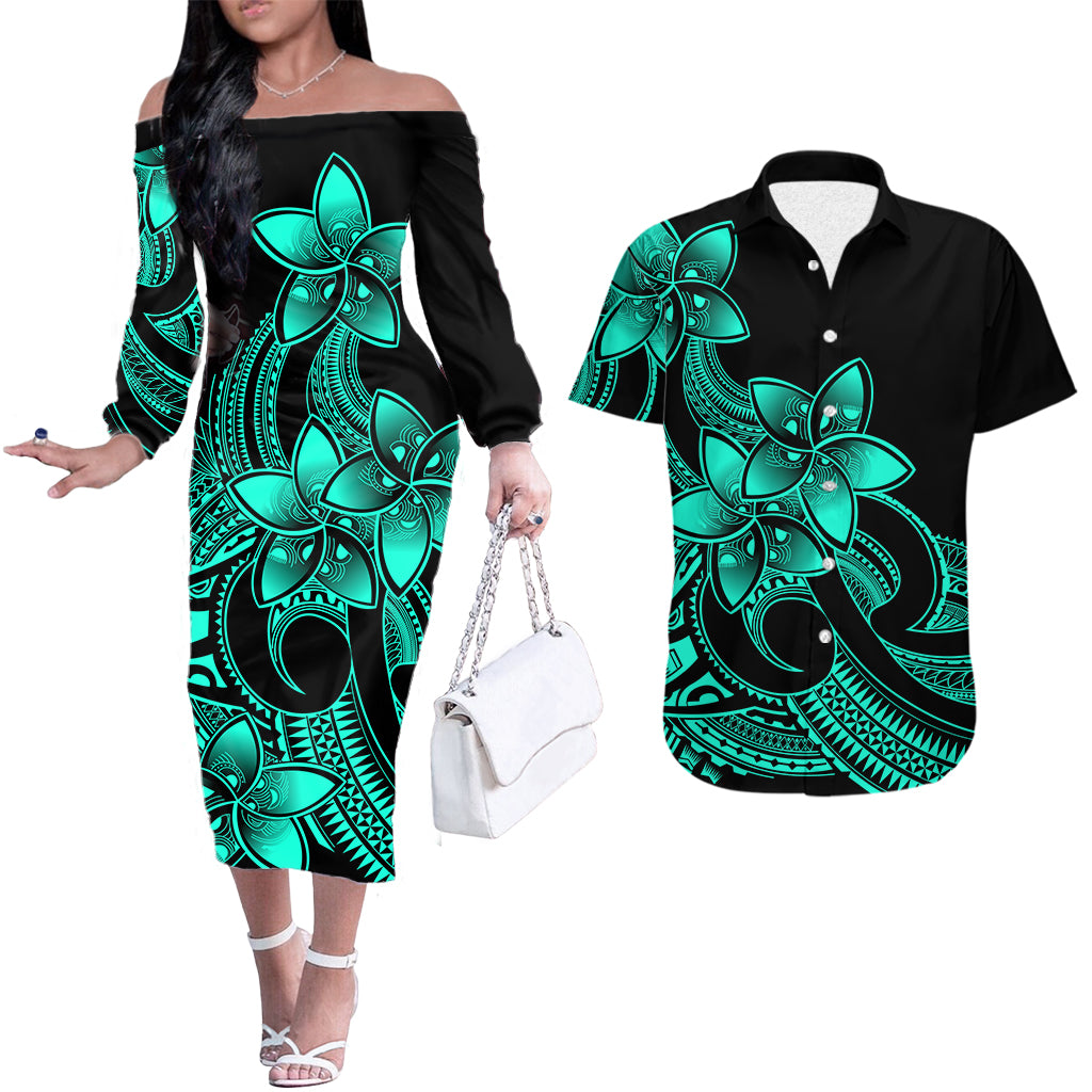 Polynesian Couple Outfits Plumeria Flowers Couples Long Sleeve Dress and Hawaiian Shirt Polynesian Tribal Aqua Vibe LT9 - Wonder Print Shop