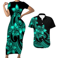 Polynesian Couple Outfits Plumeria Flowers Short Sleeve Body Long Dress and Hawaiian Shirt Polynesian Tribal Aqua Vibe LT9 - Wonder Print Shop