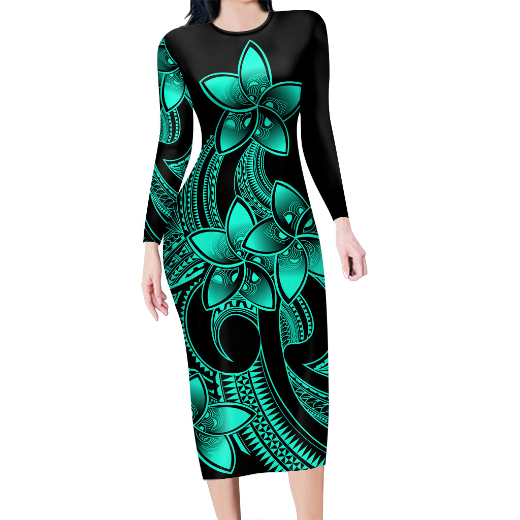 polynesian-pride-plumeria-flowers-long-sleeve-dress-polynesian-tribal-aqua-vibe