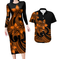 Polynesian Couple Outfits Plumeria Flowers Couples Bodycon Dress Hawaiian Shirt Polynesian Tribal Gold Vibe LT9 - Wonder Print Shop