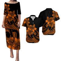 Polynesian Couple Outfits Plumeria Flowers Puletasi Dress and Hawaiian Shirt Polynesian Tribal Gold Vibe LT9 - Wonder Print Shop