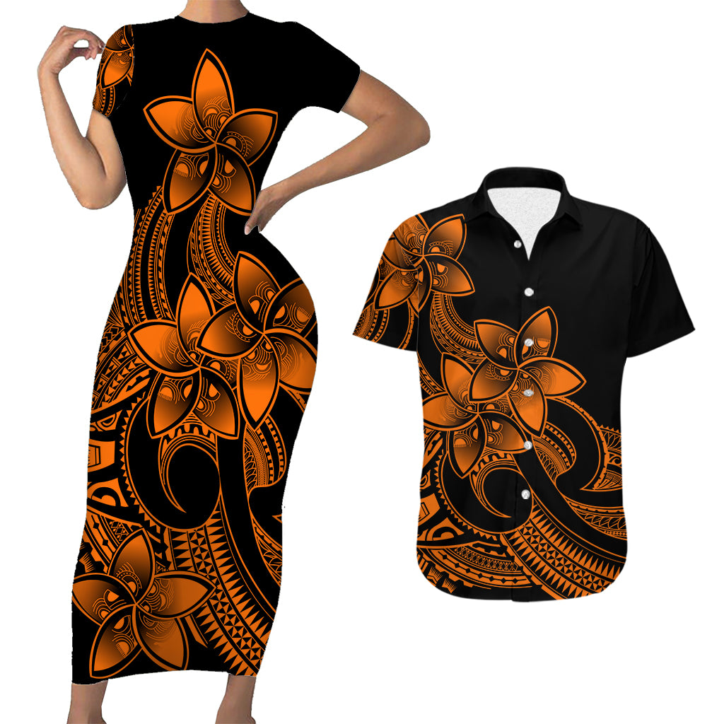 Polynesian Couple Outfits Plumeria Flowers Short Sleeve Body Long Dress and Hawaiian Shirt Polynesian Tribal Gold Vibe LT9 - Wonder Print Shop