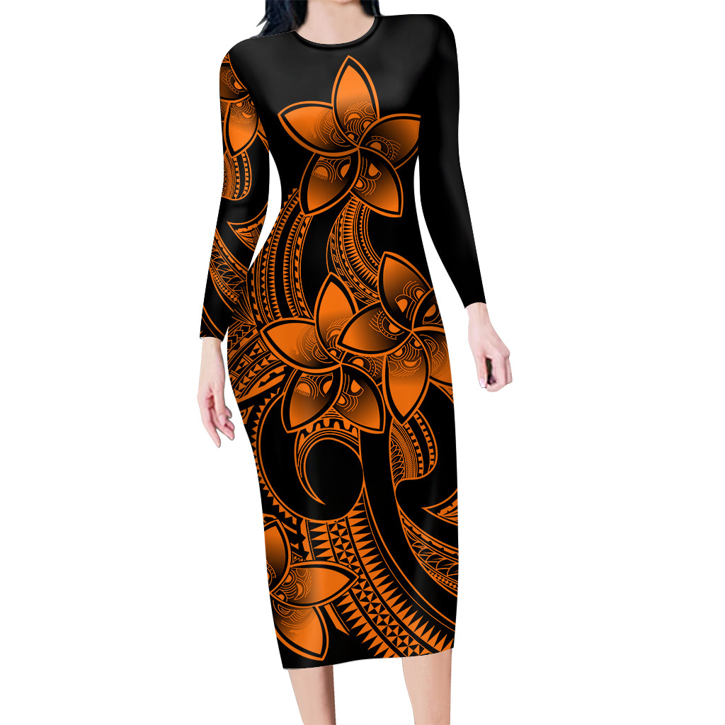 polynesian-pride-plumeria-flowers-long-sleeve-dress-polynesian-tribal-gold-vibe