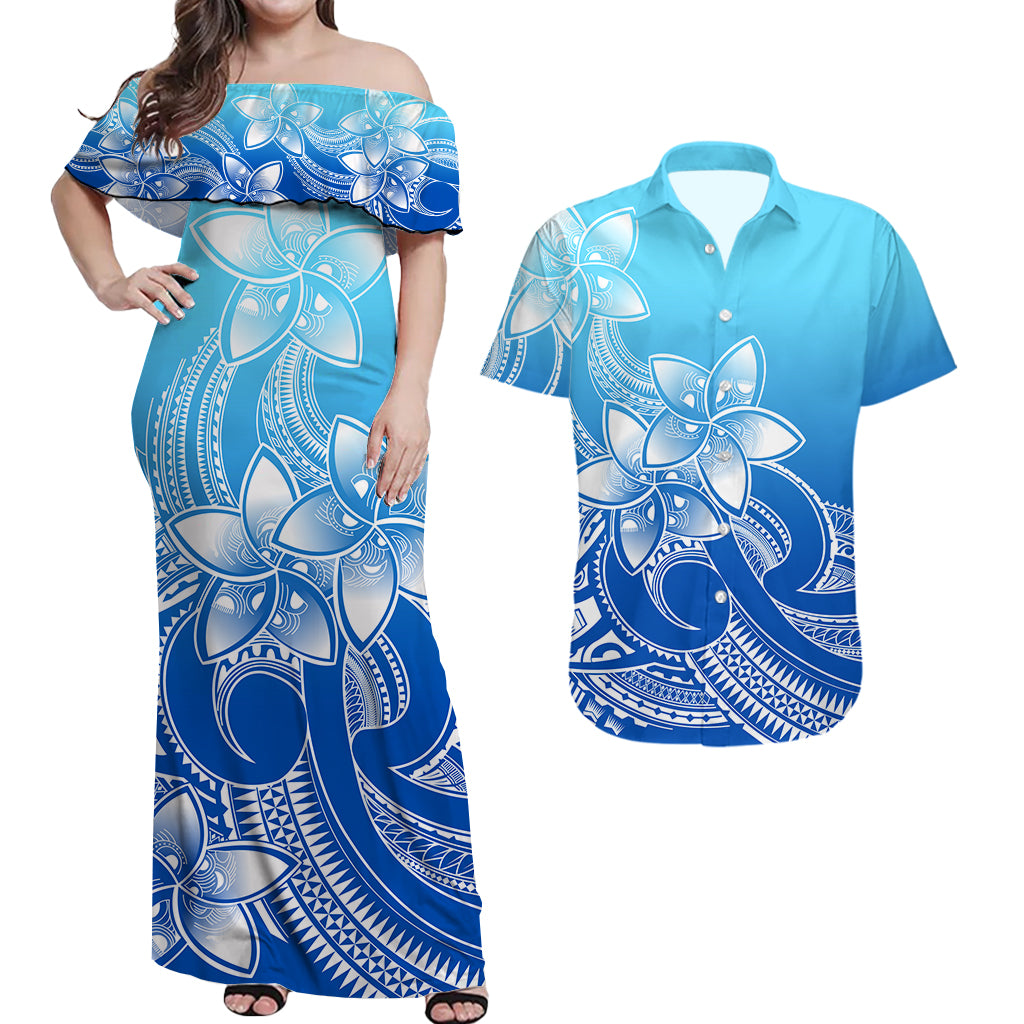 Polynesian Couple Outfits Plumeria Flowers Couples Long Dress and Hawaiian Shirt Polynesian Tribal Gradient Blue LT9 - Wonder Print Shop